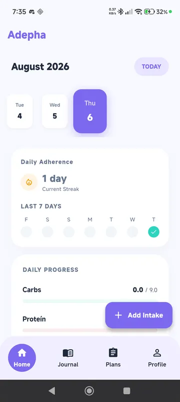 Adepha mobile app showing a daily plan with macro portions