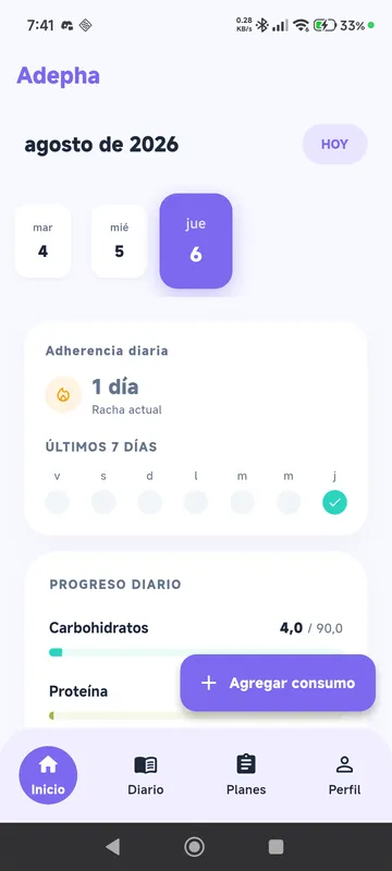 App móvil de Adepha mostrando un plan diario con porciones por macro